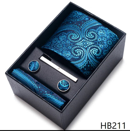 8 cm Wide Tie Sets Blue Solid Men's Neck Tie Handkerchief Cufflinks Clip Gift Silk Handmade