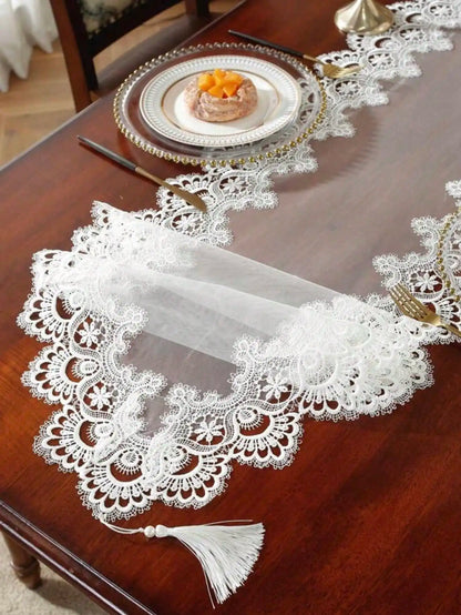 1 Piece of Mesh Lace Embroidered Table Runner, French Simple Polyester Fiber with Pendant, Suitable for Dining Table, Coffee Table, Chest of Drawers, and Shoe Cabinet.