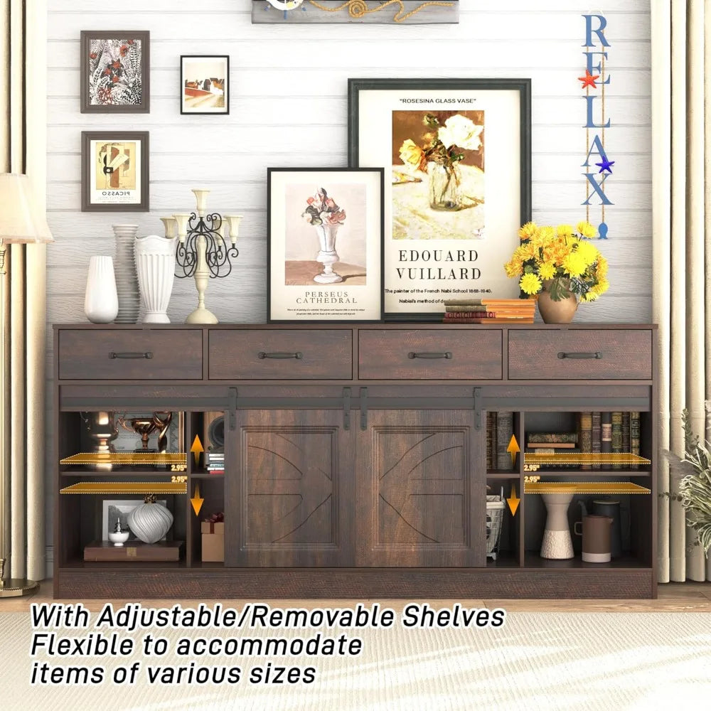 70" Farmhouse Buffet Cabinet with 4 Drawers, Sliding Doors, Storage for Living Room, Kitchen, Brown.