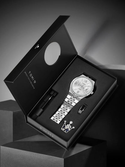 Luxury Men's Watch Steel Band, Calendar, Multi-function Quartz Watch, Ring, Cufflink Gift Box Set.