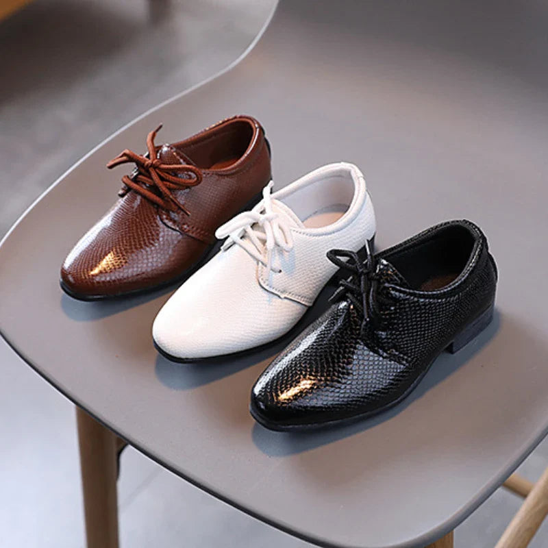 Boy Leather Shoe Black ,White Versatile Flats for School, Causal Fashion Lace-up Formal Uniform Shoes.