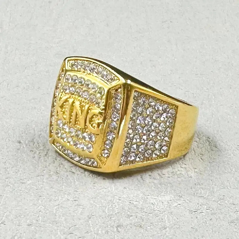 Hip Hop full rhinestone 316L, Stainless Steel Gold color King Rings for Men.