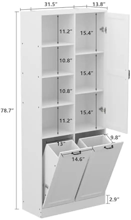 Laundry Hamper Cabinet with 2 Large Flip Drawers & Shelves, Freestanding Bathroom Storage Cabinet with Door.