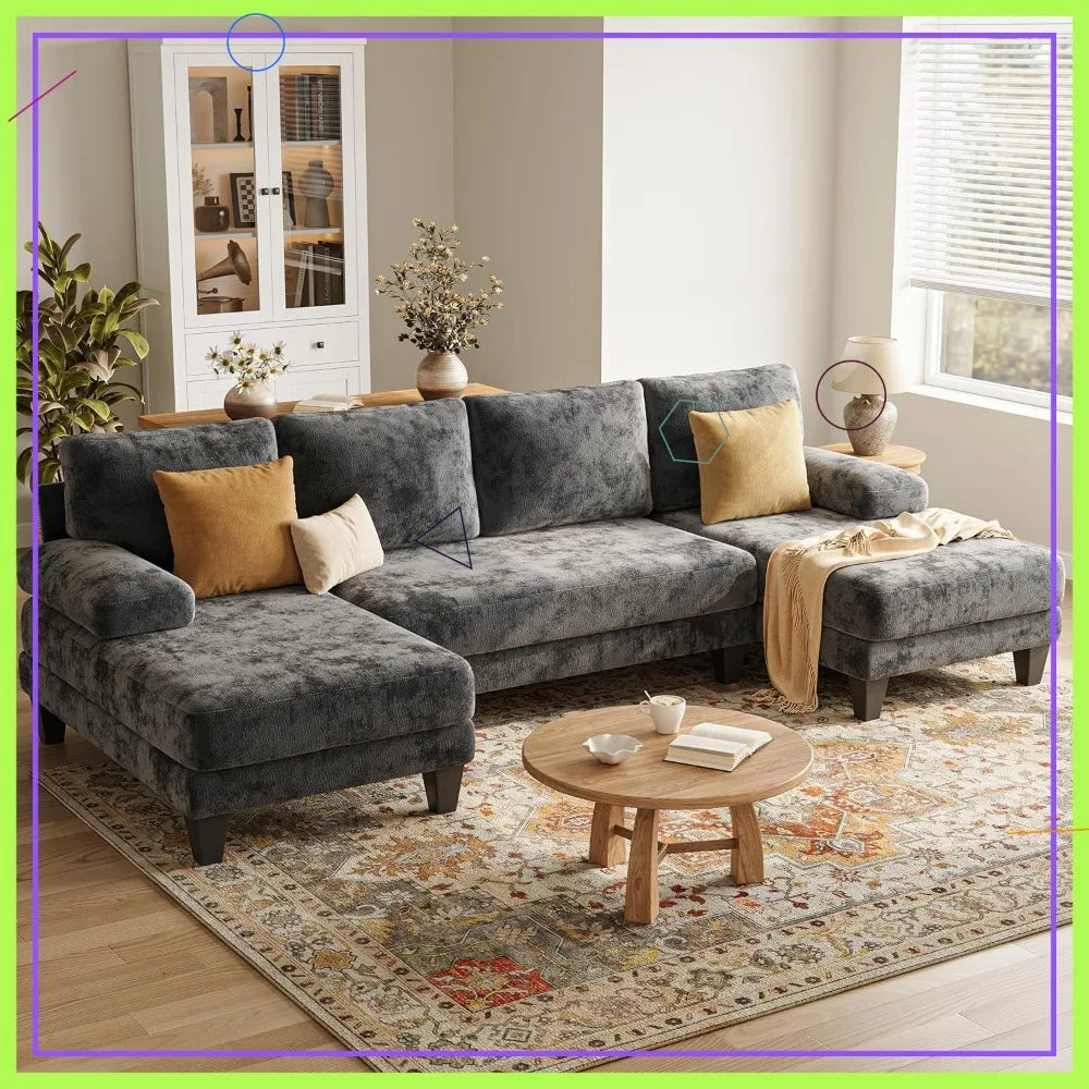 112 Inch U-Shaped Sectional Sofa, Dark Grey Chenille Fabric, Double Chaise for Living Room.