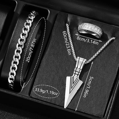 4PCS Silver Men's Fashion Casual Quartz Watch Bracelet Necklace Ring Set.