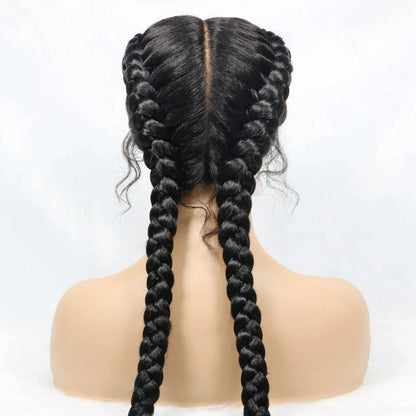 Handmade Double Dutch Cornrow Braided Wig | Natural Black Lace Front | Baby Hair | Kanekalon Synthetic Wig for Women
