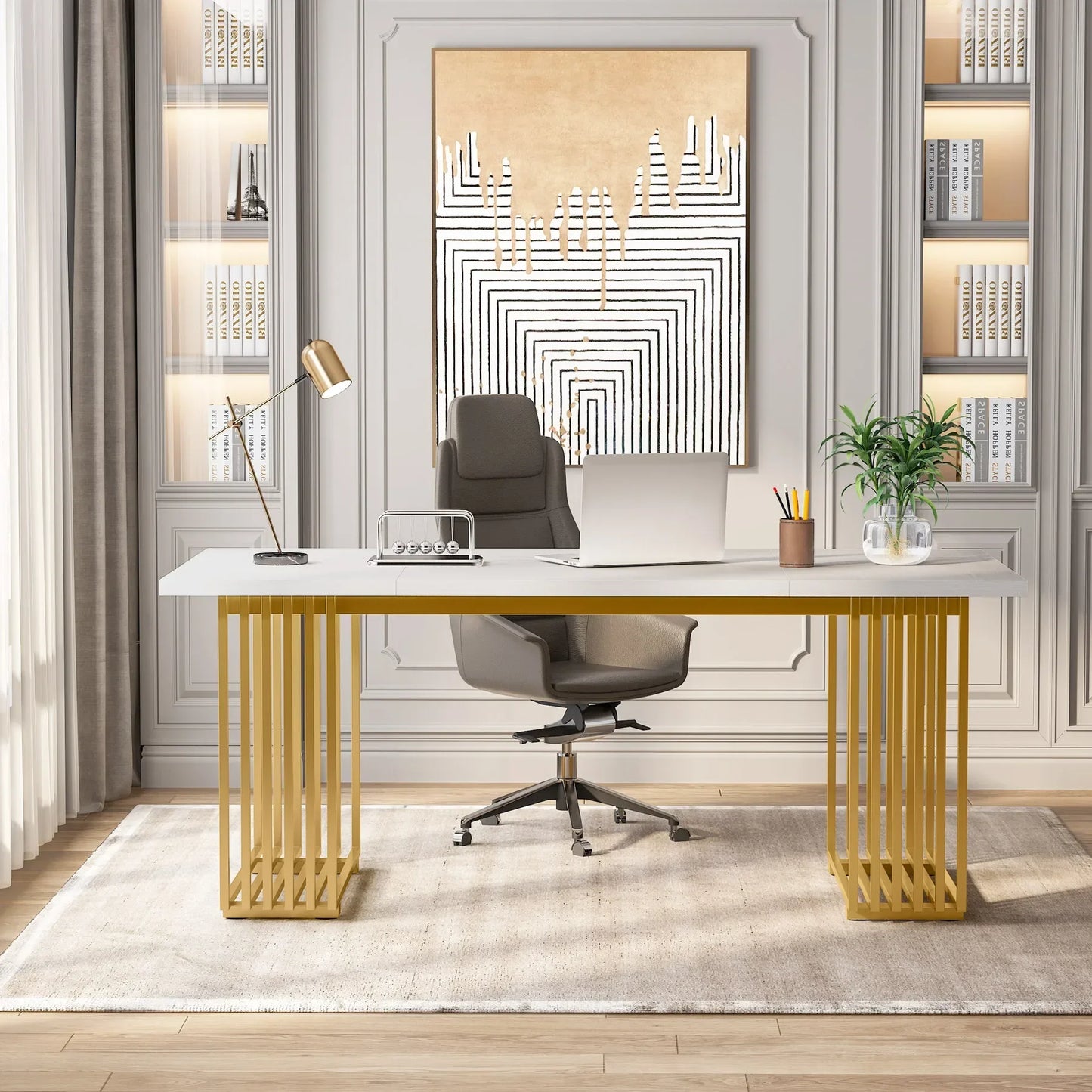 Modern Office Desk, 70.9" Wooden Computer Desk, Executive Desk with Gold Metal Legs, Large Workstation Home Office.