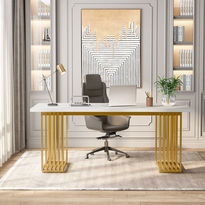 Modern Office Desk, 70.9" Wooden Computer Desk, Executive Desk with Gold Metal Legs, Large Workstation Home Office.