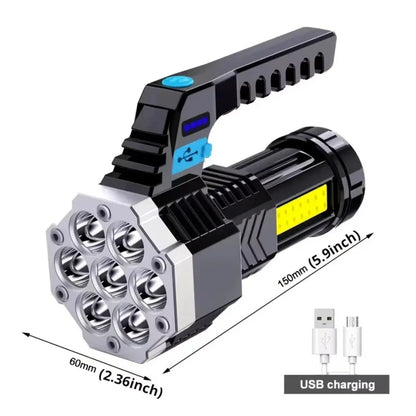 7LED High-Power Flashlight With USB Charging, COB Side Light - Suitable For Fishing, Camping, Hiking.