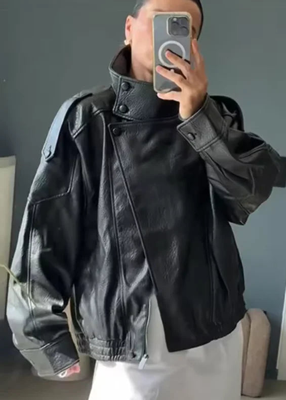 Women Fall 2025 New Black Long Sleeve Pebble Faux Leather Jacket.