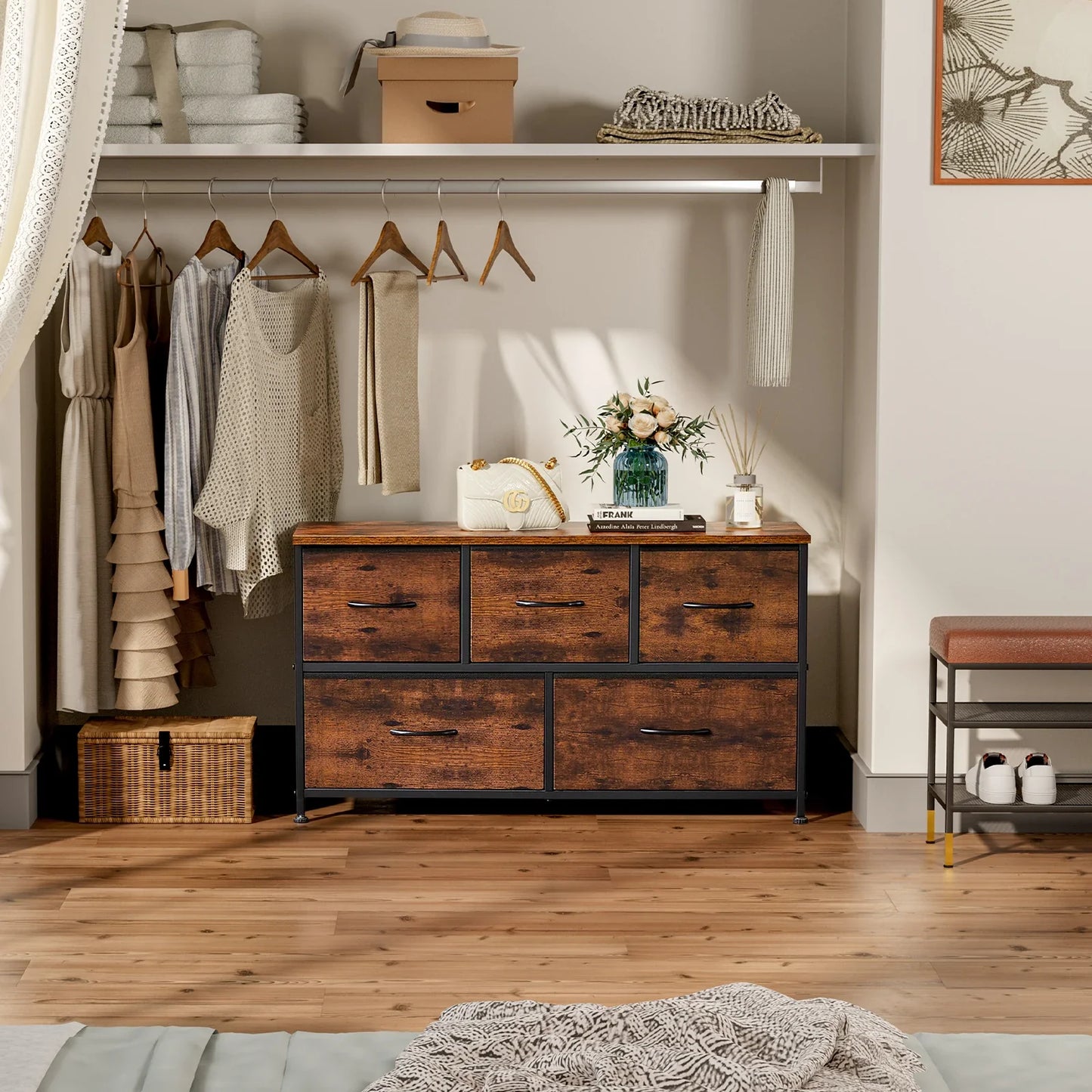 Living Room Display Cabinet  With 5 Fabric Drawers.  Steel Frame Assembly for Clothes.