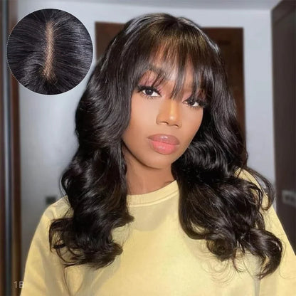 Natural Color 24" Body Wave Wig with Bangs | 180% Density Remy Human Hair Middle Part Lace