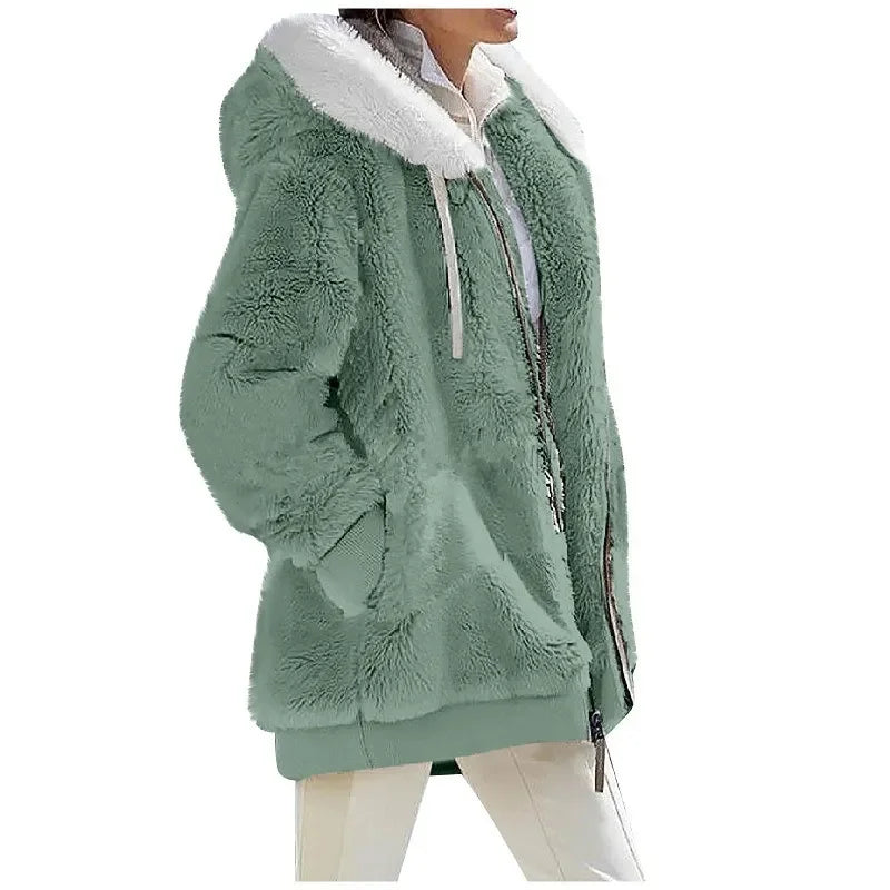Fashion Women's Coat, Hooded Zipper Lady Cashmere Fleece Jacket.