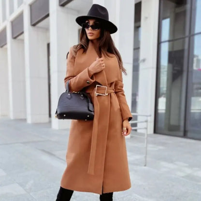 Women's Coat - Belted Wrap Winter Overcoat with Wide Lapel.