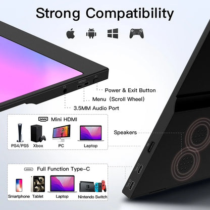 15.6 inch Portable Monitor for Laptop,1080P 72 NTSC 100S RGB USB C, HDMI Travel External Second Computer Screen with HDR.
