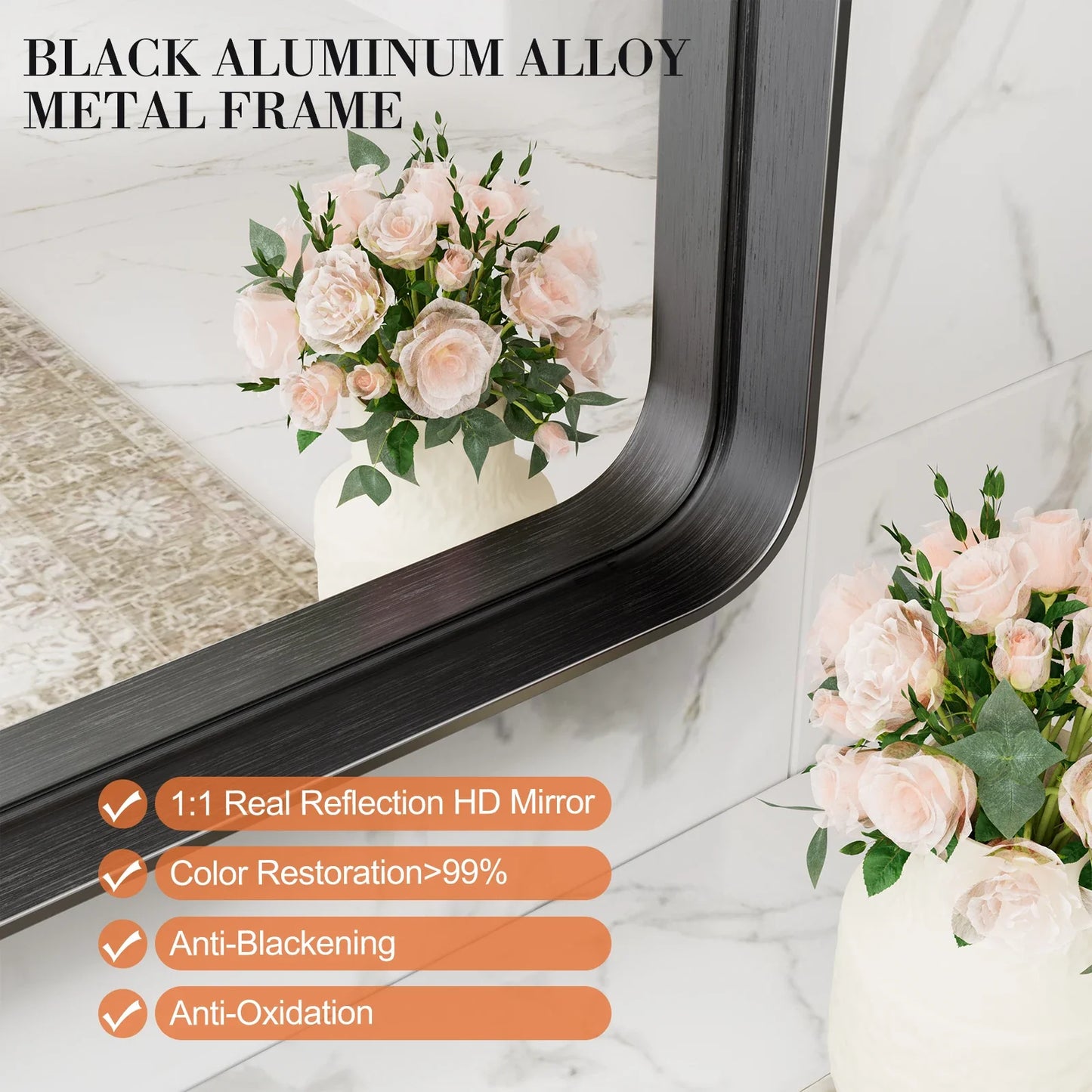Metal Framed Bathroom Mirror Rectangle Rounded Corner Tempered Glass