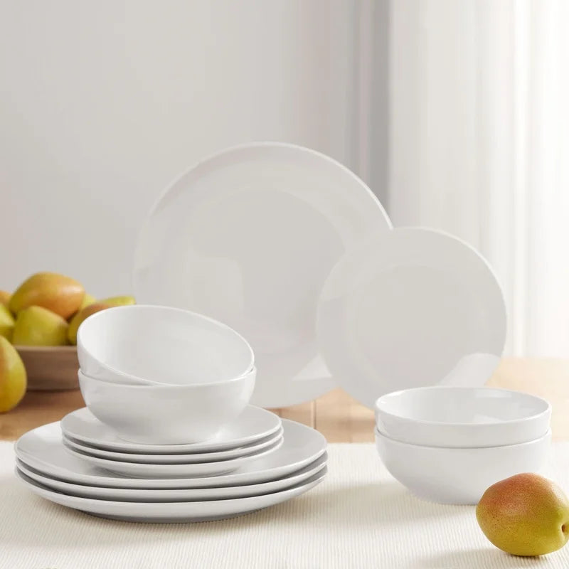 12-Piece White Stoneware Dinnerware Set, 4 Dishwasher Microwave Safe Elegant Tableware, Bowls, Plates Ideal Formal Casual Use.