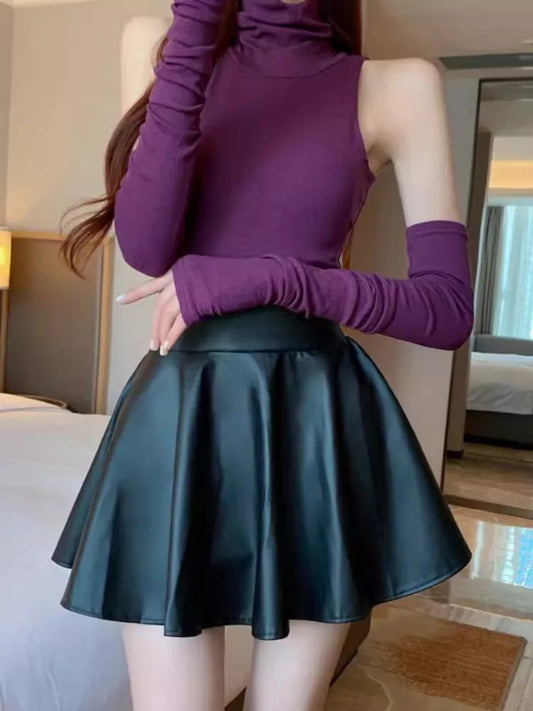 Multipurpose Elastic Mini Short Skirt, Women Faux Leather Skirts High Waist For Skater Work Nightclub.