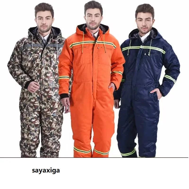 Winter Overalls Warm Cotton Padded Hooded Work Clothing, Dust-proof Anti Fouling Working Coveralls.