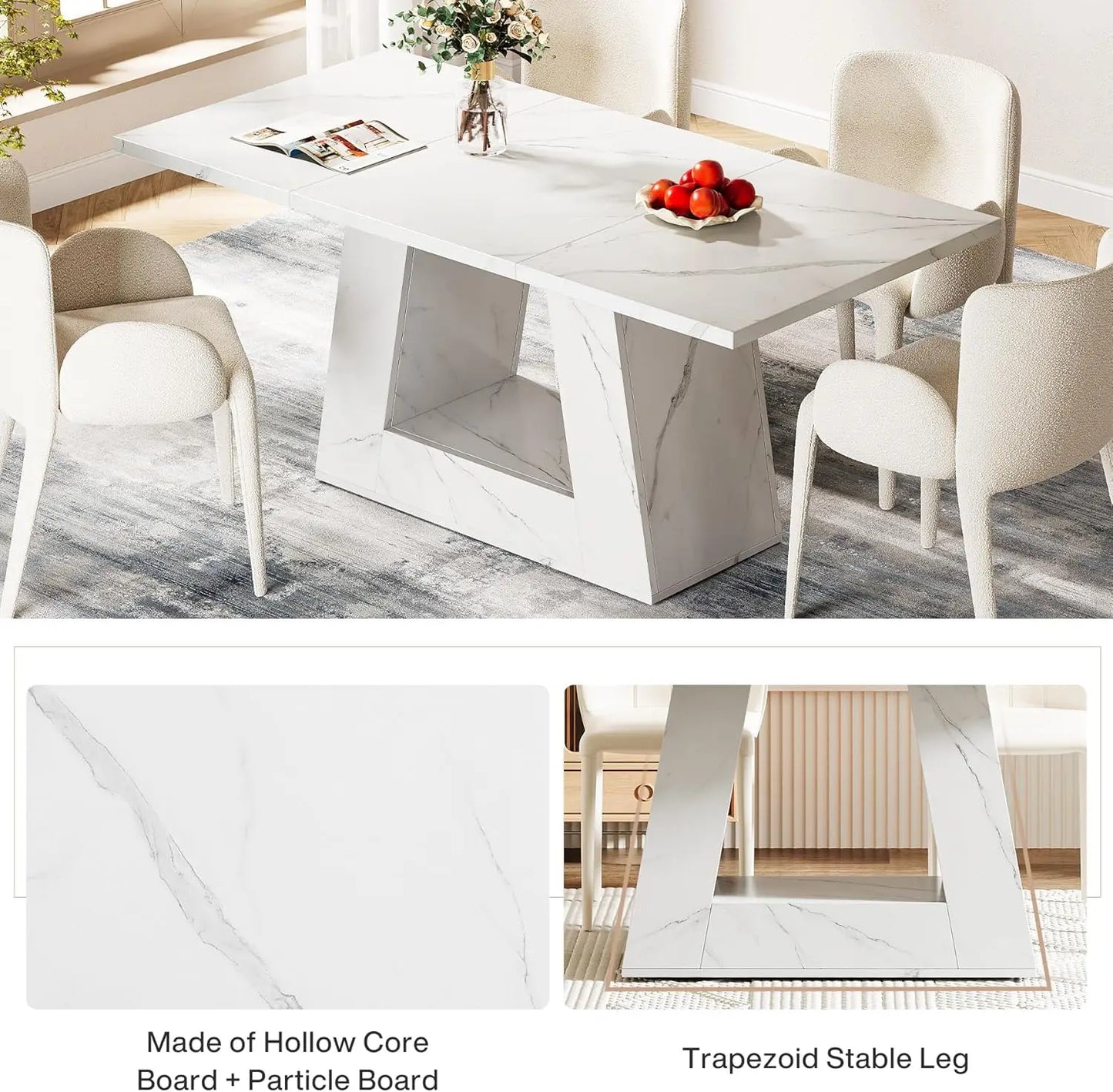 Dining Table for 4 to 6 People, 63" Rectangular Dining Room Table, Modern Wooden Faux Marble Dinner Table with Sturdy Base
