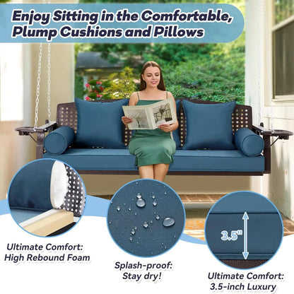 Brown Seagrass Rattan 3 Seat Porch Swing Blue Cushions Cup Holders Chains Deck Garden Backyard