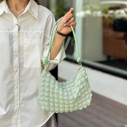 Canvas Wrinkle Bag for Women | Shoulder Bags & Pleated Bubbles Handbags (Padded Casual Underarm Quilted Tote Cloud Bag Purse)