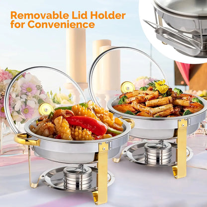 5QT 4 Packs Chafing Dish Buffet Set Gold Accent, NSF Round Stainless Steel Buffet Warmer.