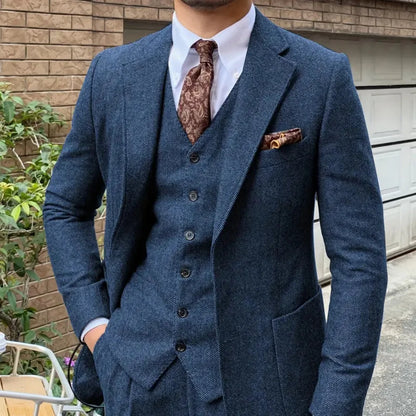 Elegant 3-Piece Men Tweed Formal Banquet Spineless Men Suit.