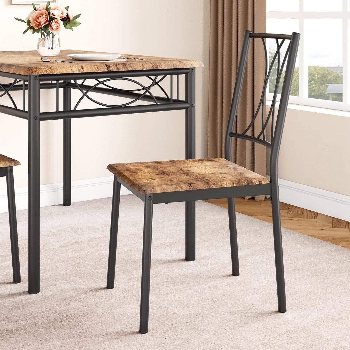 Kitchen Table and Chairs for 4with  Metal and Wood Rectangular Table