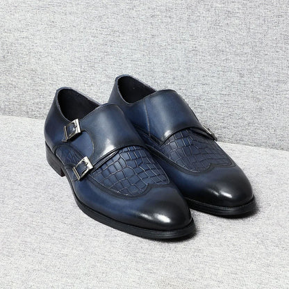 Elegant Men's Genuine Leather Monk Strap Shoes | Stone Pattern Print Double Buckle & Cap Toe (Business, Party, Social)