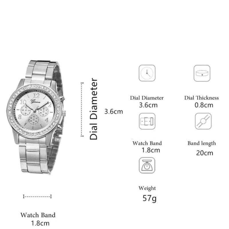 Women Quartz Watch Luxury Diamonds, Simple Stainless Steel Strap, Ring, Necklace, Earrings.