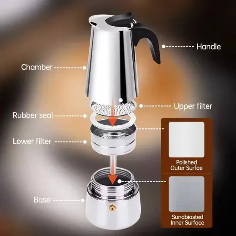 Italian Stainless Steel  Coffee Pot for Espresso 2/4/6/9/12 Cups Home and Office Use.