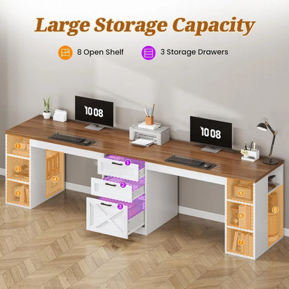 96.5" Farmhouse Computer Desk with Drawers, 2 Person Home Office Double Desk with Storage.