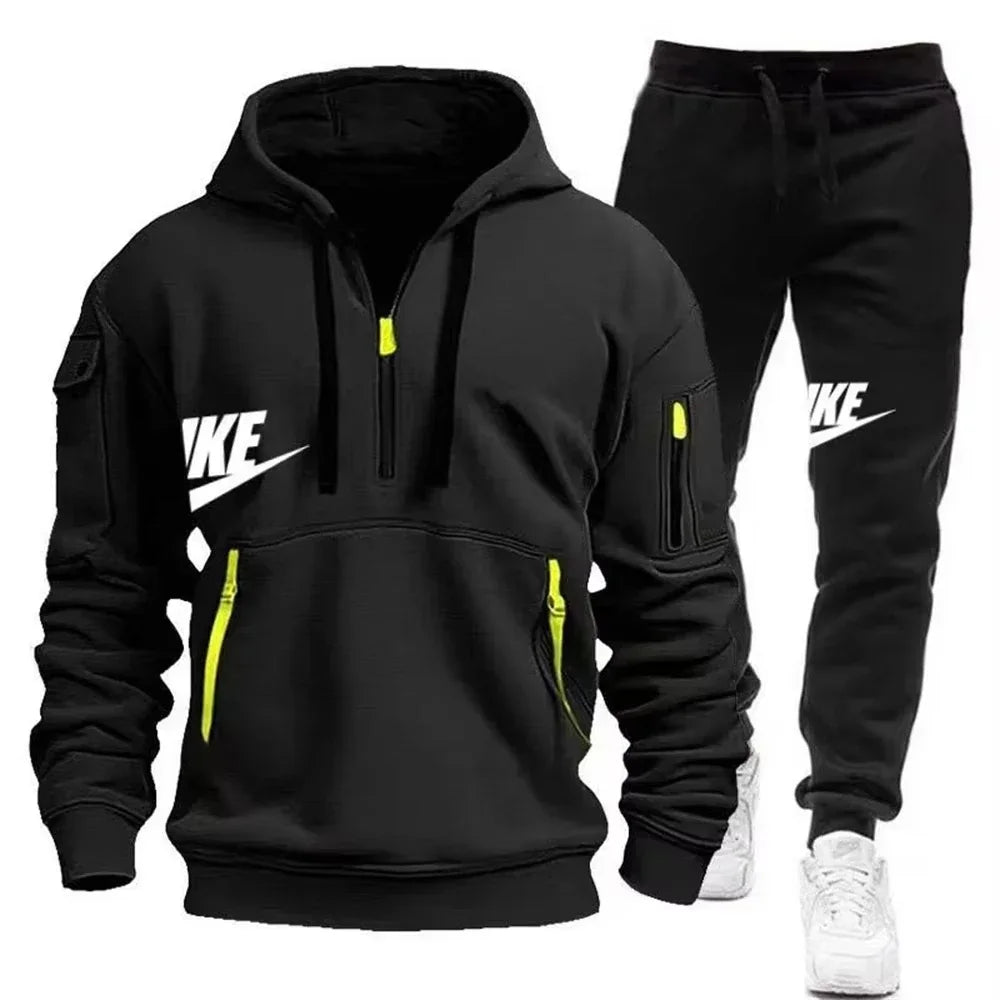 2025 New men's autumn and winter zipper hoodie + trousers casual sportswear.