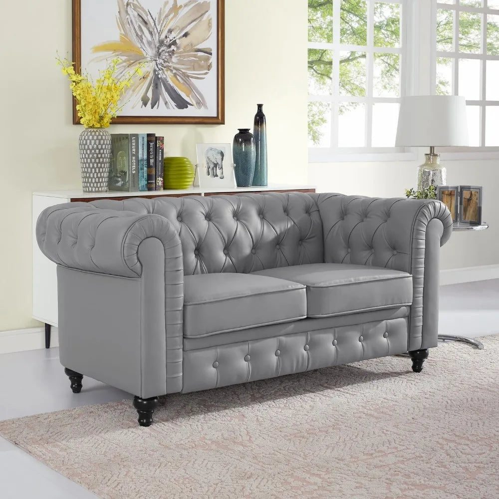 2pc Modern Tufted Faux Leather Living Room Sofa Set With Button & Nailhead Trim Scroll Arms, Grey, Customized