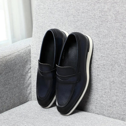 Classy Men's Genuine Cow Leather Penny Loafers | Blue & Black Casual Business Flats (Breathable)