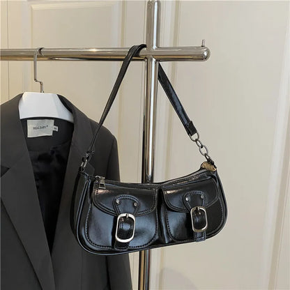 Fashion Pu Leather Women's Shoulder Bag, Small Double Pocket Design Ladies Underarm Bags Y2k. Vintage Female Handbags Clutch Purse