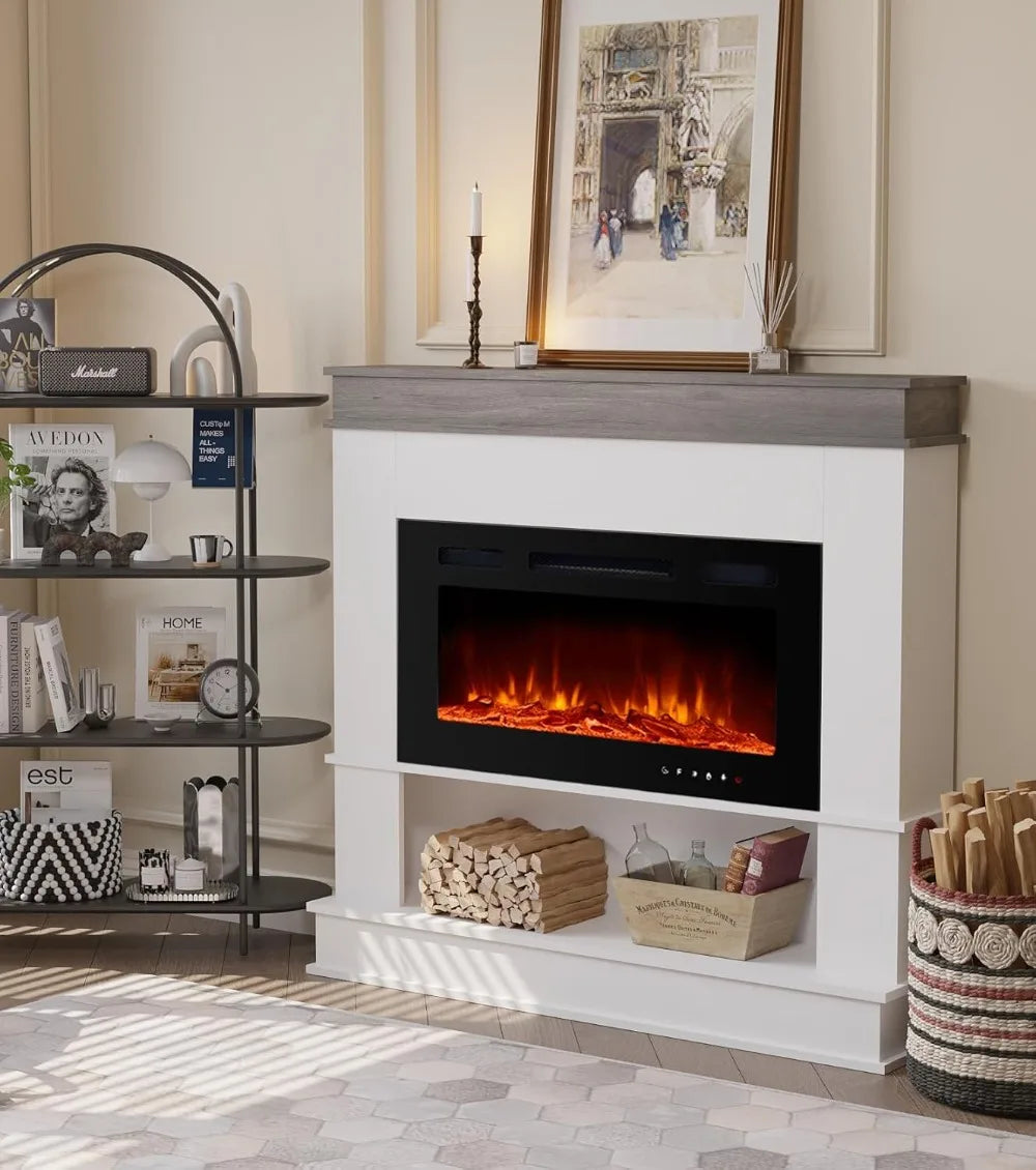 40" Freestanding Electric Fireplace Heater with Mantel, 12 Flame Colors & Remote Control for Living Room.