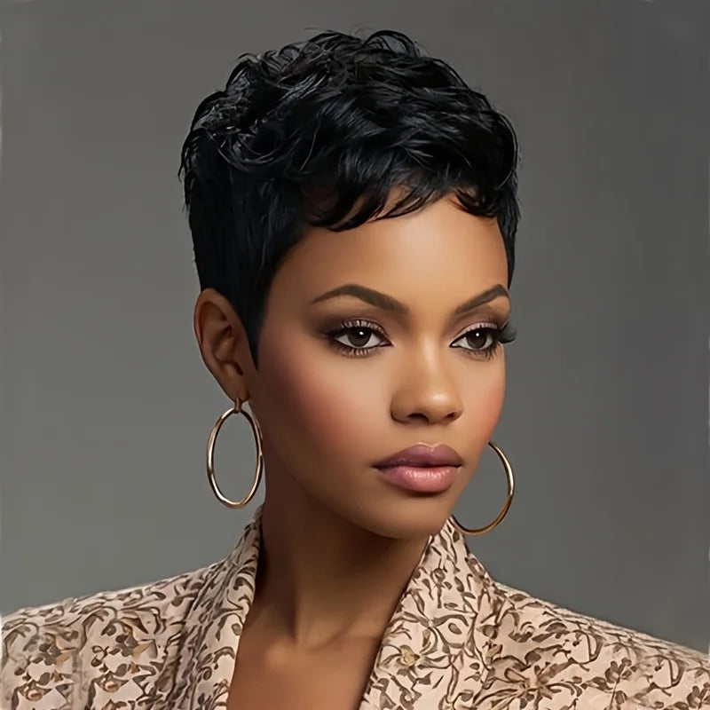 Short elf-cut wig with bangs, synthetic wig, women's short color wig.