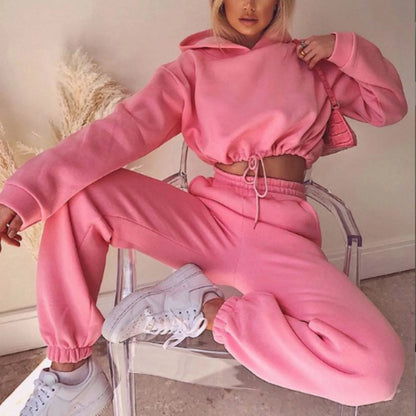 Winter Tracksuit Women Two Piece Set - Oversized Hoodie Sweatpants, Solid Color Sportswear Suit.
