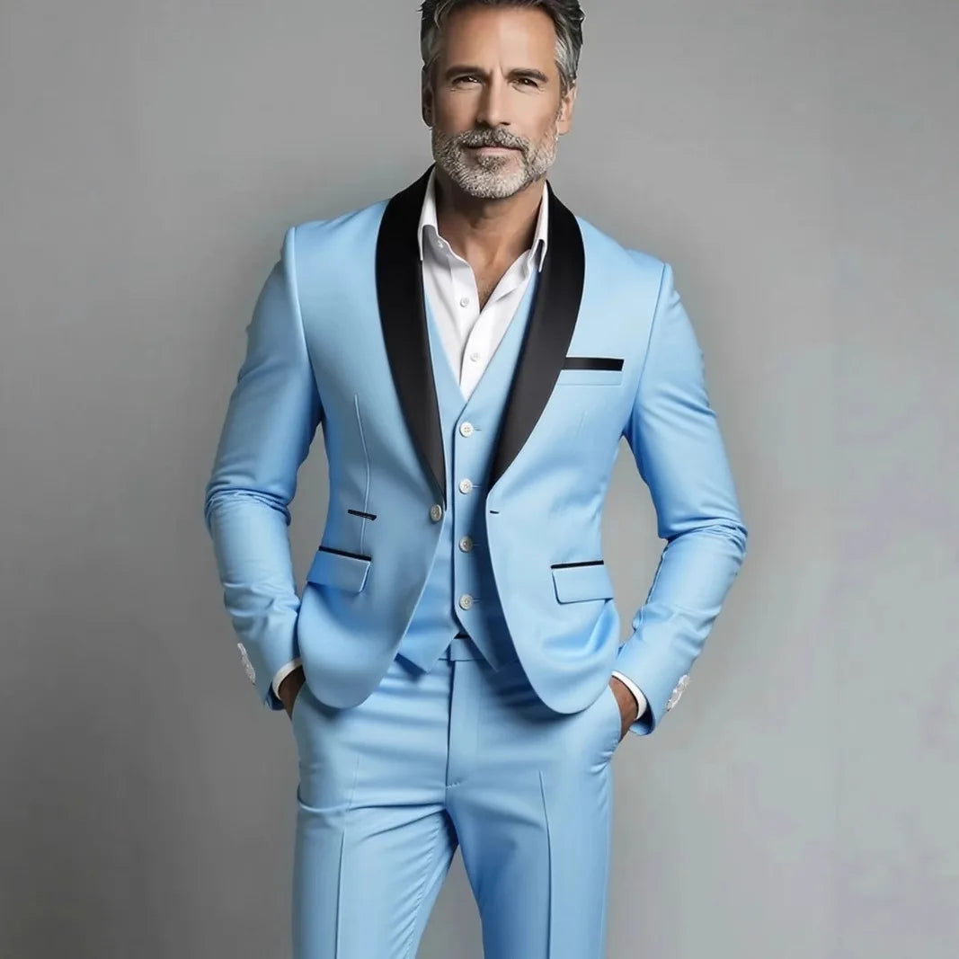 Black White Men Three Pieces Set, Large Size Male Blazer Pants and Vest.