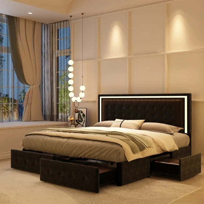 Queen LED Bed Frame, 4 Storage Drawers, Headboard, No Box Spring Needed