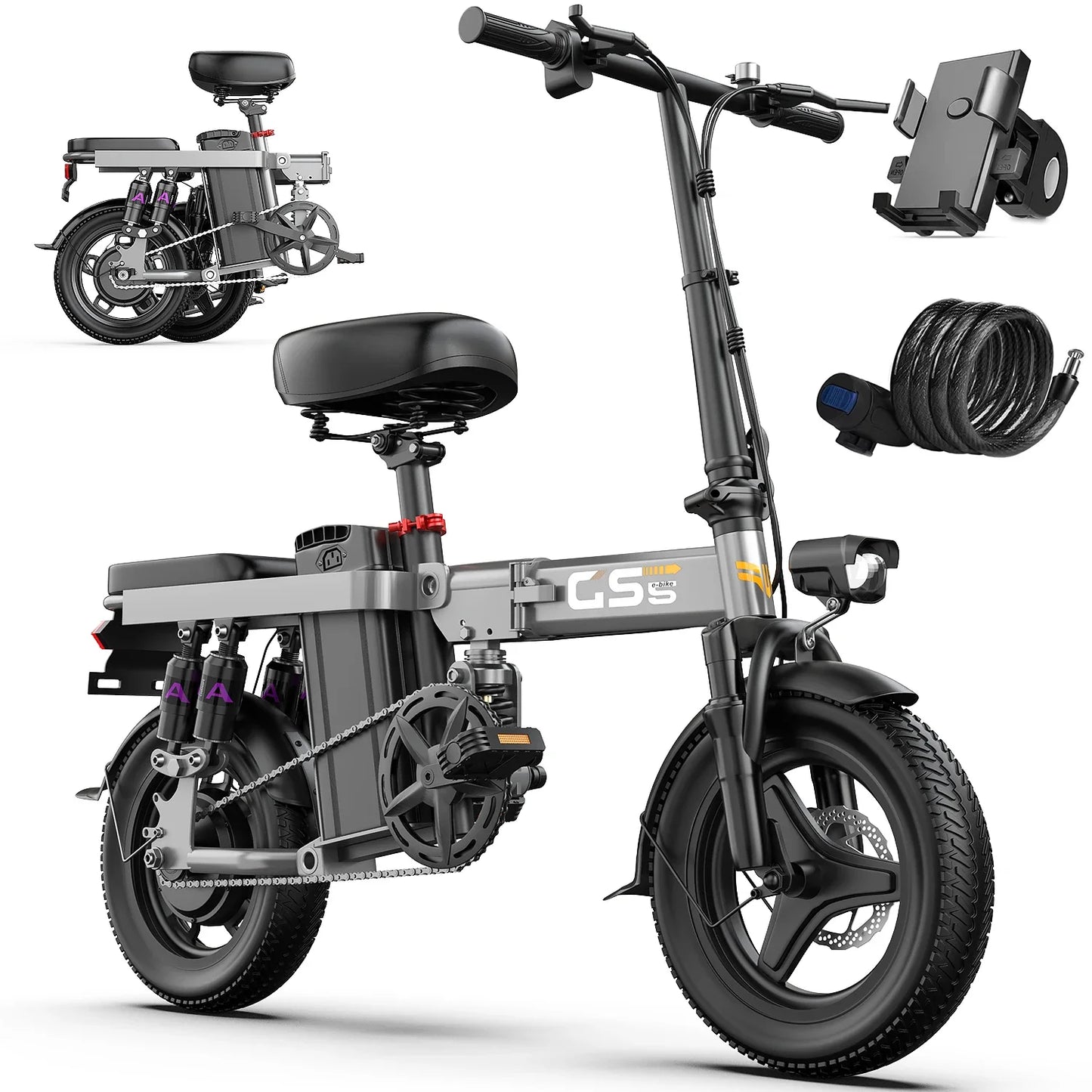 GS5 48V 15AH Battery E-Bike, 30+MPH, 740W Folding Bike,35 Miles Max Range14" Fat Tire.
