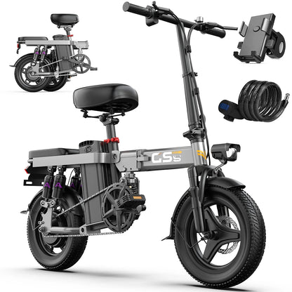 GS5 48V 15AH Battery E-Bike, 30+MPH, 740W Folding Bike,35 Miles Max Range14" Fat Tire.