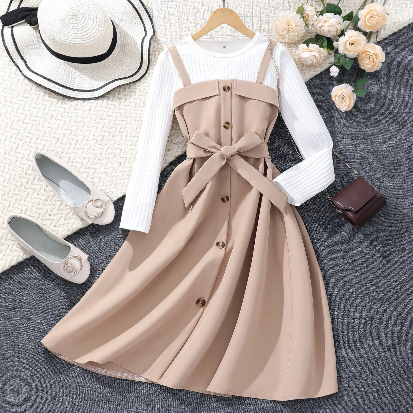 8-12 Yrs Long Dress for Girl Autumn and Winter, Belt Button Khaki  Long Dress.