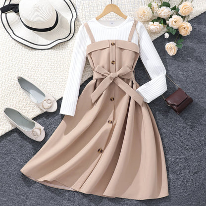 8-12 Yrs Long Dress for Girl Autumn and Winter, Belt Button Khaki  Long Dress.