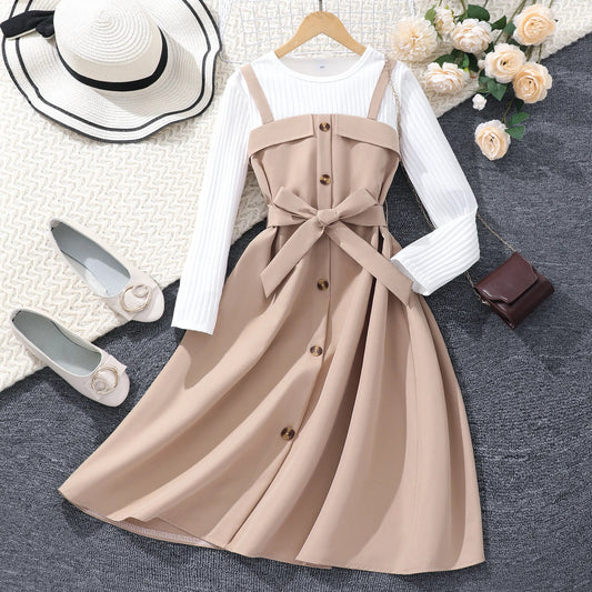 8-12 Yrs Long Dress for Girl Autumn and Winter, Belt Button Khaki  Long Dress.