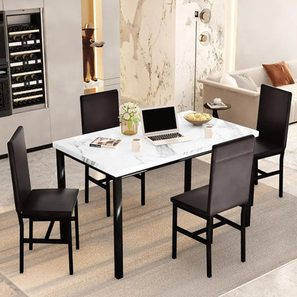 Dining Table Set for 4, Modern Kitchen & Dining Room Sets, Faux Marble Table with 4 Leather Chairs.
