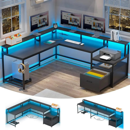 L Shaped Gaming Desk  with File Drawer Power Outlet Computer Desk  Led Lights