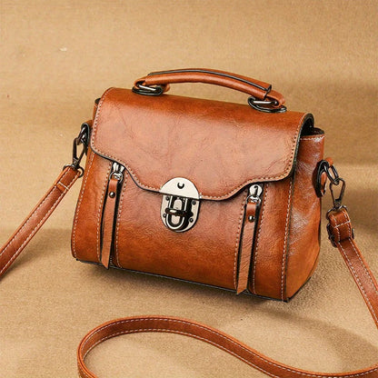 Vintage Turn-Lock Square Satchel Bag for Women | Classic PU Leather Shoulder & Crossbody Handbag (Everyday Tote, Secure Travel Purse)